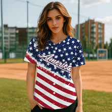 Load image into Gallery viewer, Red And Blue American Flag Baseball Jersey For Women Custom Patriotic Youth Baseball Shirt NYN0859