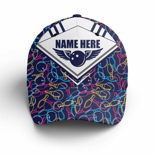 Personalized Bowling 3D Cap, Custom Bowling Hat for Men Women, Bowling Pin & Ball Cap with Name CHT01-6