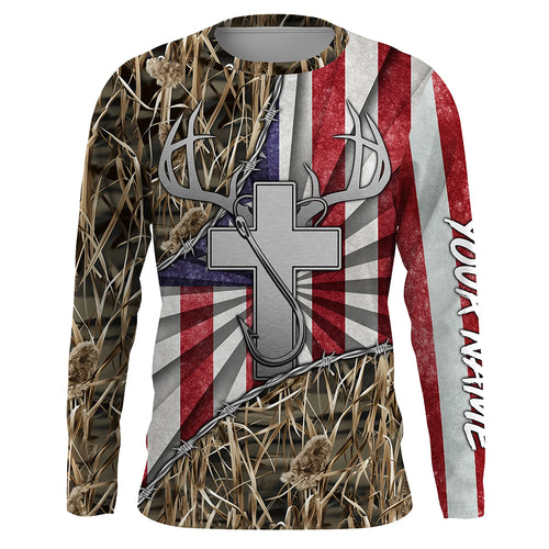 Fishing Hunting shirt Jesus lover American flag camo custom name 3D Shirts TTN29