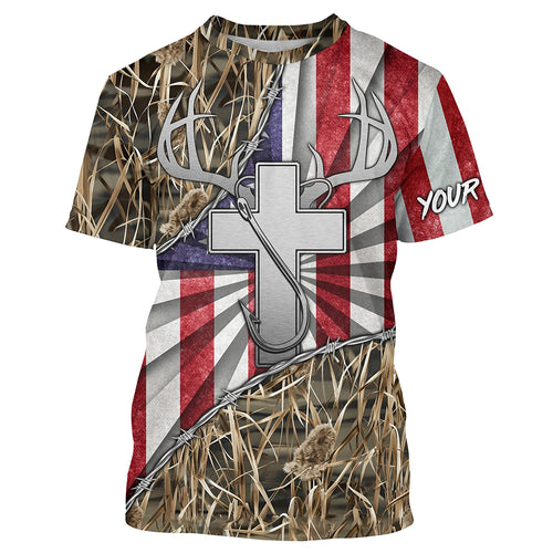 Fishing Hunting shirt Jesus lover American flag camo custom name 3D Shirts TTN29