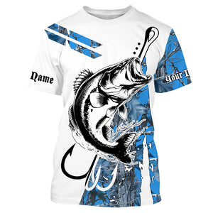 Fish Hook Bass Fishing Blue Camo Custom Long Sleeve Shirts, Personalized Bass Fishing Jerseys TTN112