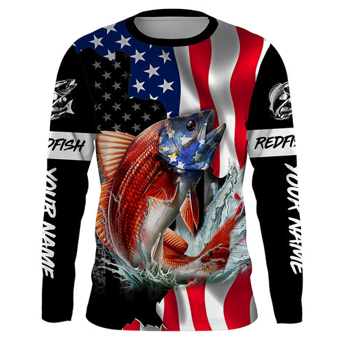 Custom Redfish Puppy Drum American Flag Long Sleeve Fishing Shirts, Patriotic Fishing Gifts TTV140