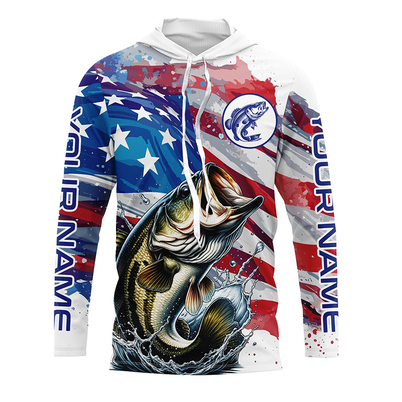 Bass Fishing American Flag Custom Long Sleeve Performance Fishing Shirts, Personlized Patriotic Bass Fishing Jerseys - IPHW1382 T-Shirt UPF / L