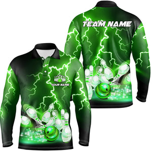 Mens polo bowling shirts Custom green lightning thunder Bowling Team Jersey, gift for team Bowlers TTV151