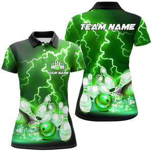 Women bowling polo shirts Custom green lightning thunder Bowling Team Jersey, gift for team Bowlers TTV151