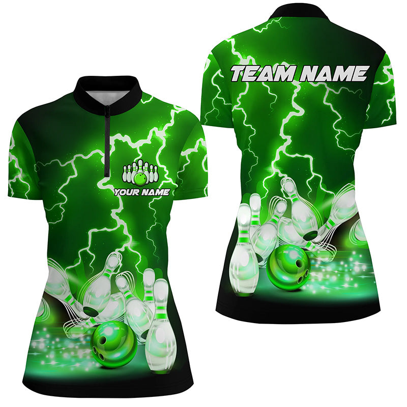 Womens bowling Quarter Zip shirts Custom green lightning thunder Bowling Team Jersey, gift for Bowlers TTV151