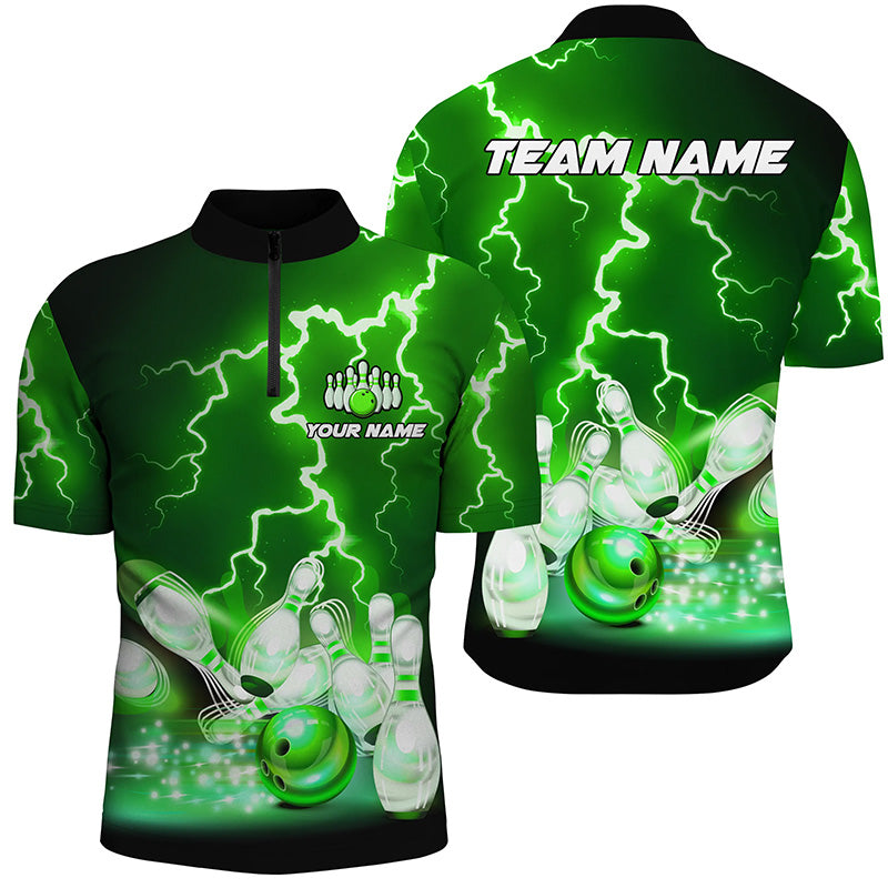 Men's bowling Quarter Zip shirts Custom green lightning thunder Bowling Team Jersey, gift for Bowlers TTV151