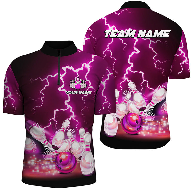 Men's bowling Quarter Zip shirts Custom purple lightning thunder Bowling Team Jersey, gift for Bowlers TTV152