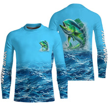 Load image into Gallery viewer, Mahi mahi fishing blue sea wave water camo Custom Name performance long sleeve fishing shirts TTV96