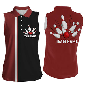 Personalized Red white and black Retro Bowling sleeveless polo shirt For women, bowling team jerseys TTV135