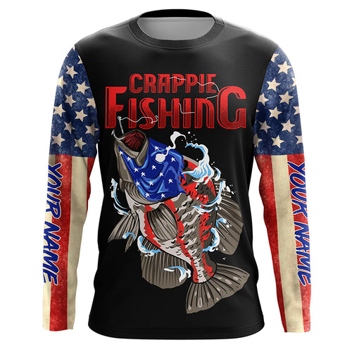 Crappie Fishing American Flag Custom Long Sleeve Fishing Shirts Hooked on Freedom TTV75