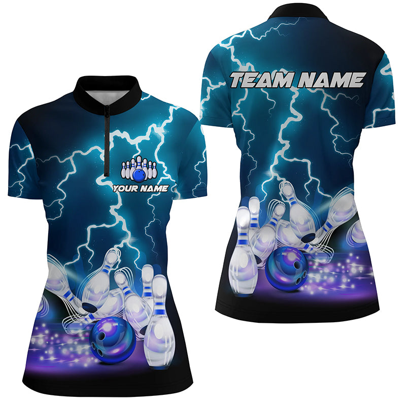 Womens bowling Quarter Zip shirts Custom blue lightning thunder Bowling Team Jersey, gift for Bowlers TTV118