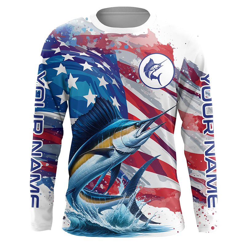 Personalized American Flag Sailfish Fishing Shirts, Patriotic Sailfish Long Sleeve Fishing Shirt TTV146