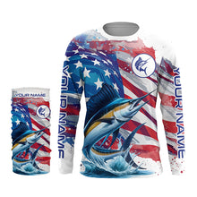 Load image into Gallery viewer, Personalized American Flag Sailfish Fishing Shirts, Patriotic Sailfish Long Sleeve Fishing Shirt TTV146