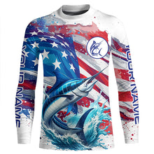 Load image into Gallery viewer, Personalized American Flag Marlin Fishing Shirts, Patriotic Marlin Long Sleeve Fishing Shirt TTV148