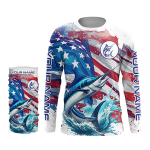 Personalized American Flag Marlin Fishing Shirts, Patriotic Marlin Long Sleeve Fishing Shirt TTV148