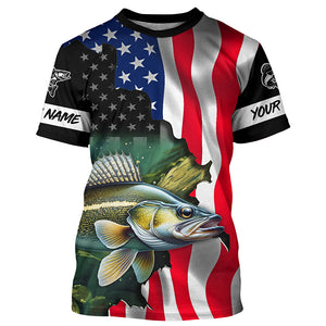 American Flag Walleye Fishing Custom Name performance long sleeve fishing shirt uv protection TTV124