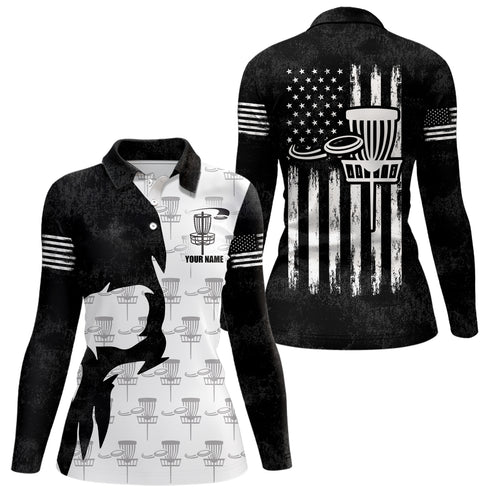 Disc Golf Basket Pattern Black Skull American Flag Polo Shirt Disc Golf Gifts For Women LDT0375