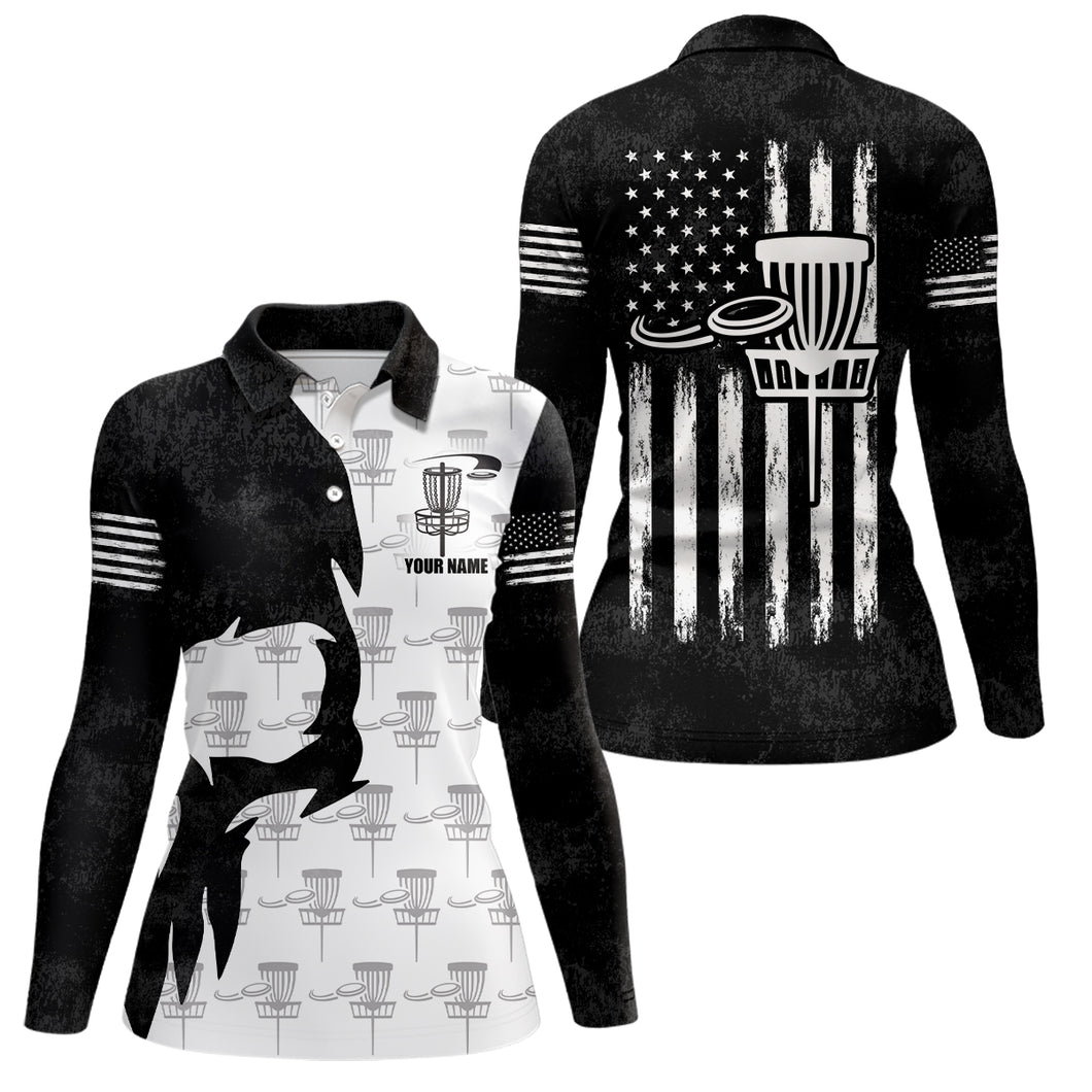 Disc Golf Basket Pattern Black Skull American Flag Polo Shirt Disc Golf Gifts For Women LDT0375