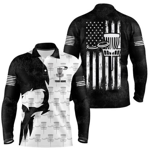 Disc Golf Basket Pattern Black Skull American Flag Mens Polo Shirt Disc Golf Gifts For Men LDT0375