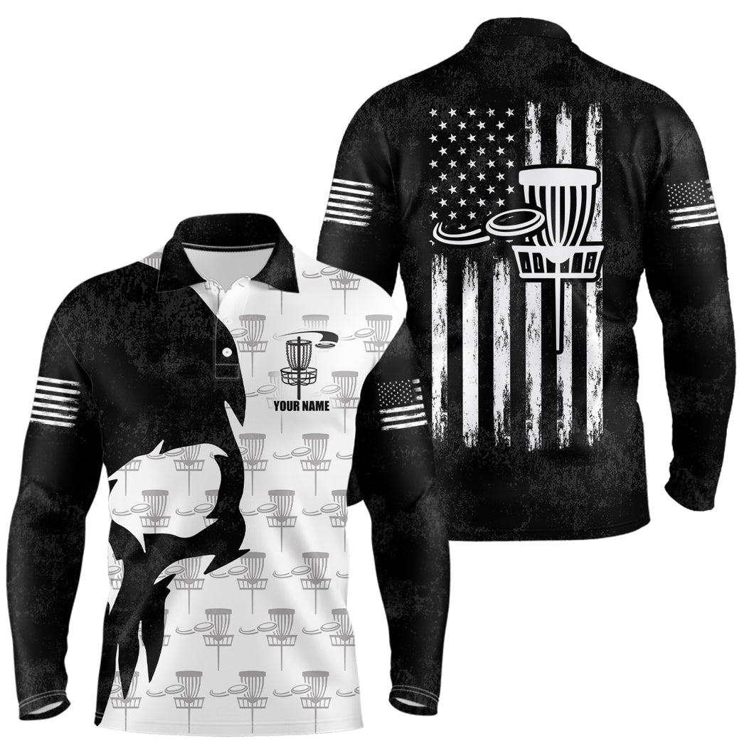Disc Golf Basket Pattern Black Skull American Flag Mens Polo Shirt Disc Golf Gifts For Men LDT0375