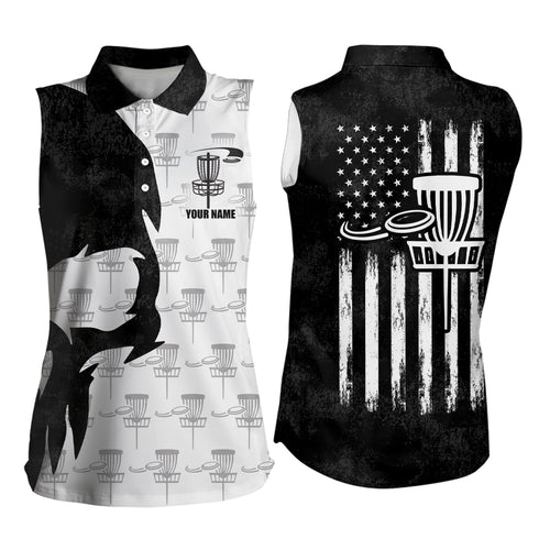 Disc Golf Basket Pattern Black Skull American Flag Sleeveless Polo Shirt Disc Golf Gifts For Women LDT0375