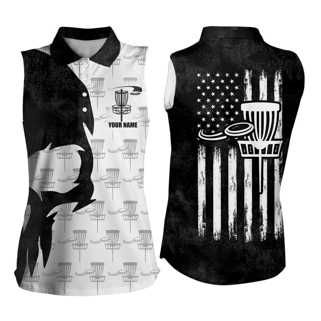 Disc Golf Basket Pattern Black Skull American Flag Sleeveless Polo Shirt Disc Golf Gifts For Women LDT0375