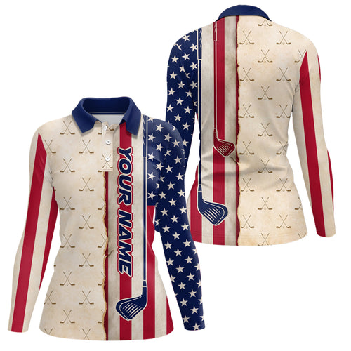 American Flag Vintage Golf Polo Shirts For Womens Custom Name, Patriotic Golf Gifts YYD0060
