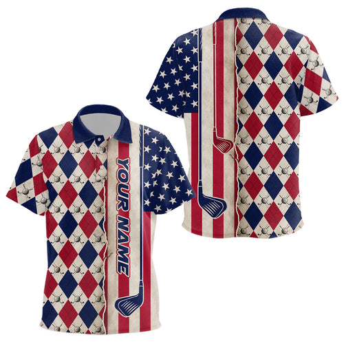American Flag Argyle Kid Golf Polo Shirts Custom Name, Patriotic Golf Gifts YYD0061
