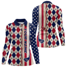 Load image into Gallery viewer, American Flag Argyle Golf Polo Shirts For Womens Custom Name, Patriotic Golf Gifts YYD0061