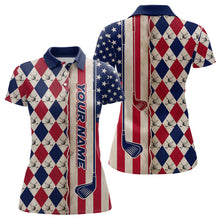 Load image into Gallery viewer, American Flag Argyle Golf Polo Shirts For Womens Custom Name, Patriotic Golf Gifts YYD0061