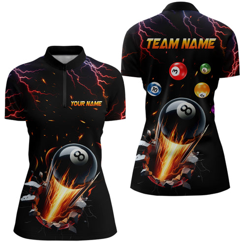 Ball 8 Fire Thunder Billiard Women Quarter-Zip Shirts Custom Name Billiard Shirt Design YYD0062