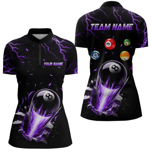 Ball 8 Fire Thunder Purple Billiard Women Quarter-Zip Shirts Custom Name Billiard Shirt Design YYD0063