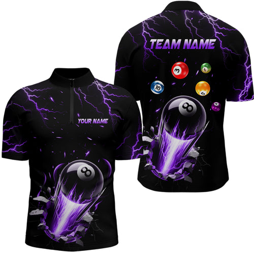 Ball 8 Fire Thunder Purple Billiard Men Quarter-Zip Shirts Custom Name Billiard Shirt Design YYD0063
