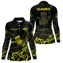 Load image into Gallery viewer, Yellow Camo Black Womens Disc Golf Polo Shirt Custom Disc Golf Basket Tree Personalized Golf Gift TY2