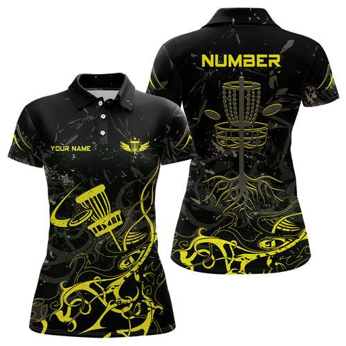 Yellow Camo Black Womens Disc Golf Polo Shirt Custom Disc Golf Basket Tree Personalized Golf Gift TY2