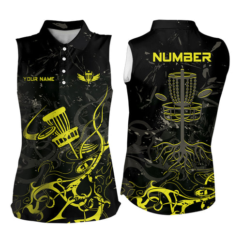 Yellow Camo Black Womens Disc Golf Sleeveless Polo Shirt Custom Disc Golf Basket Tree Disc Golf Gifts TY2