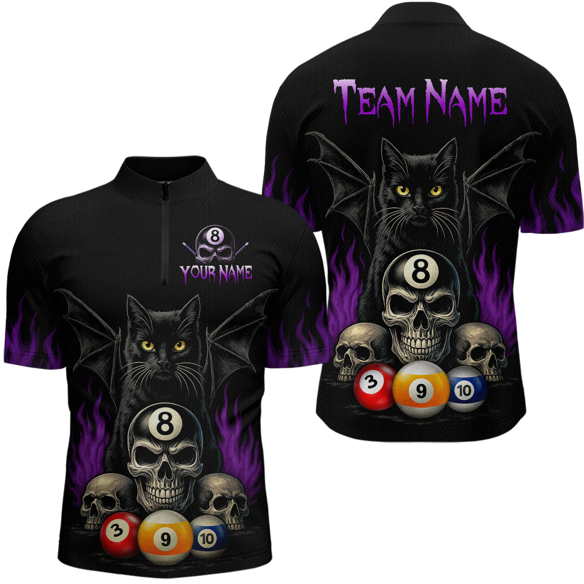 Personalized Name Bat Cat Billards Men Quarter-Zip Shirts Custom Team Name Billiard Shirt Design YYD0014