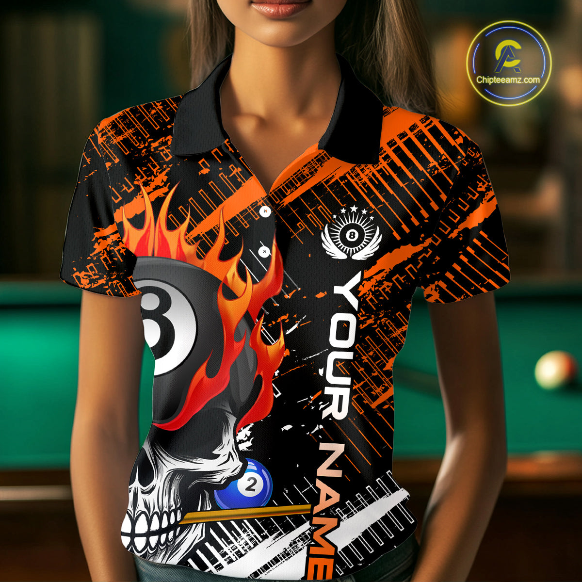 Personalized Name Billiard Skull Flame Polo Shirts For Woman  Custom Team Name Billiard Shirt Design YYD0015