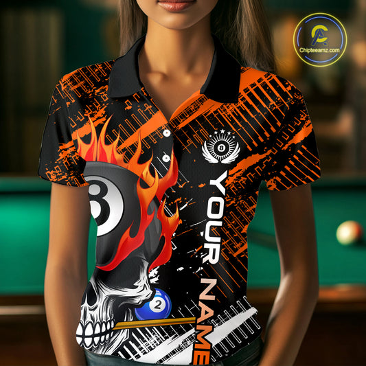 Personalized Name Billiard Skull Flame Polo Shirts For Woman  Custom Team Name Billiard Shirt Design YYD0015