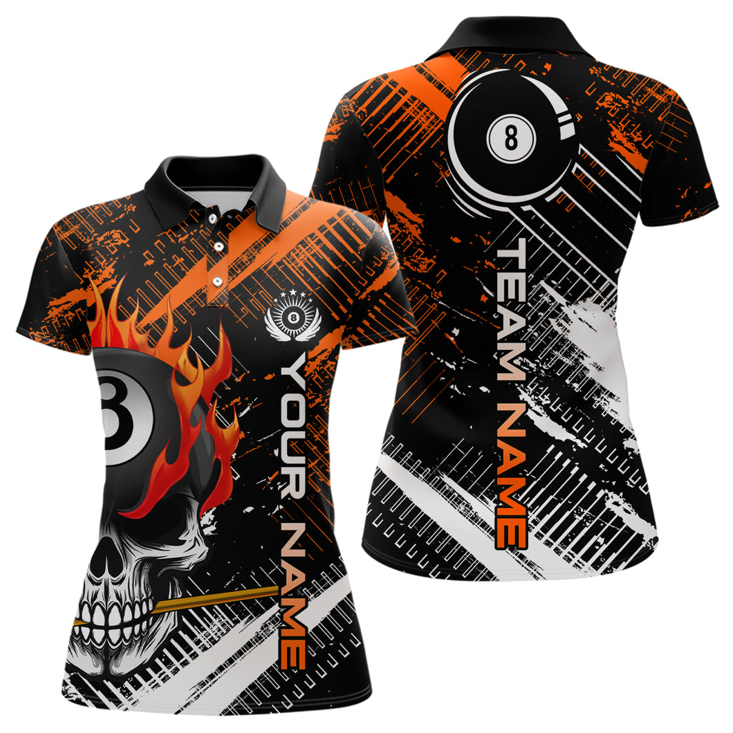 Personalized Name Billiard Skull Flame Polo Shirts For Woman  Custom Team Name Billiard Shirt Design YYD0015