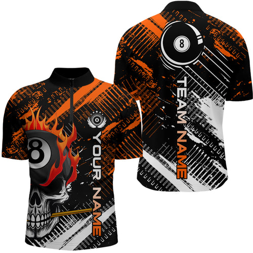 Personalized Name Billiard Skull Flame Men Quarter-Zip Shirts Custom Team Name Billiard Shirt Design YYD0015