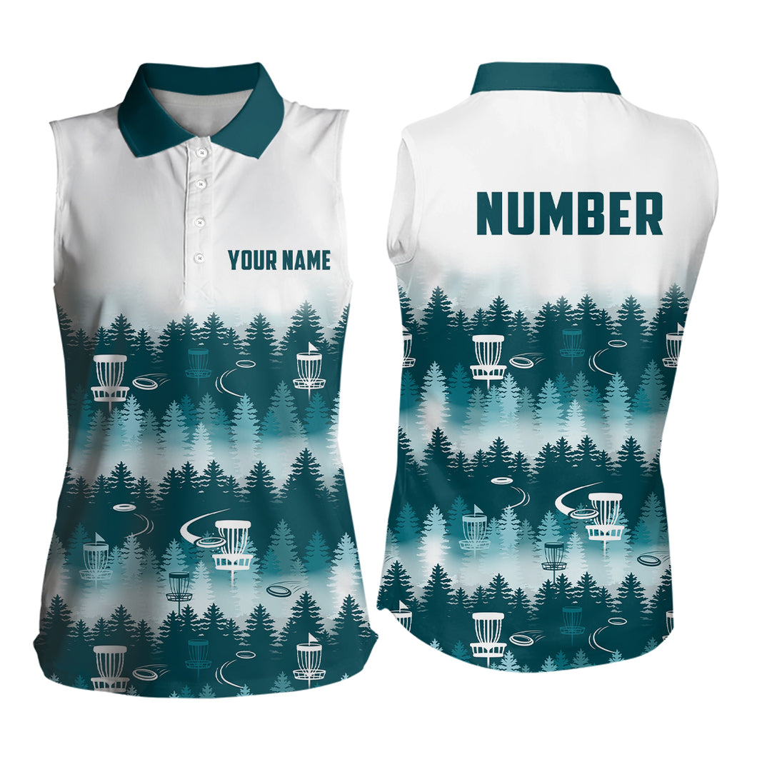 Disc Golf Forest Pattern Womens Disc Golf Sleeveless Polo Shirts Custom Name And Number Disc Golf Gifts For Woman YYD0016
