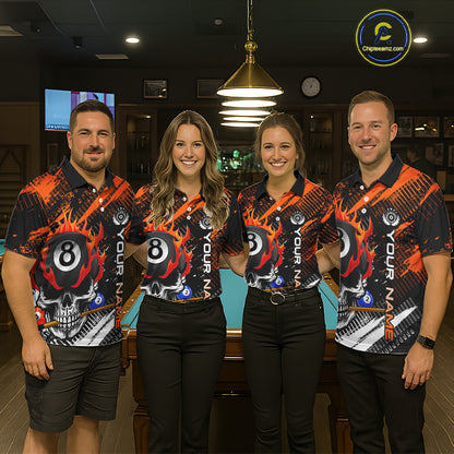 Personalized Name Billiard Skull Flame Polo Shirts For Woman  Custom Team Name Billiard Shirt Design YYD0015