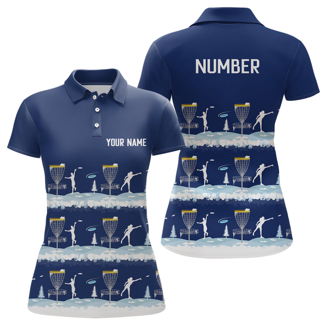 Winter Disc Golf Pattern Womans Disc Golf Polo Shirt Custom Name And Number Disc Golf Gifts For Woman | Dark Blue YYD0018