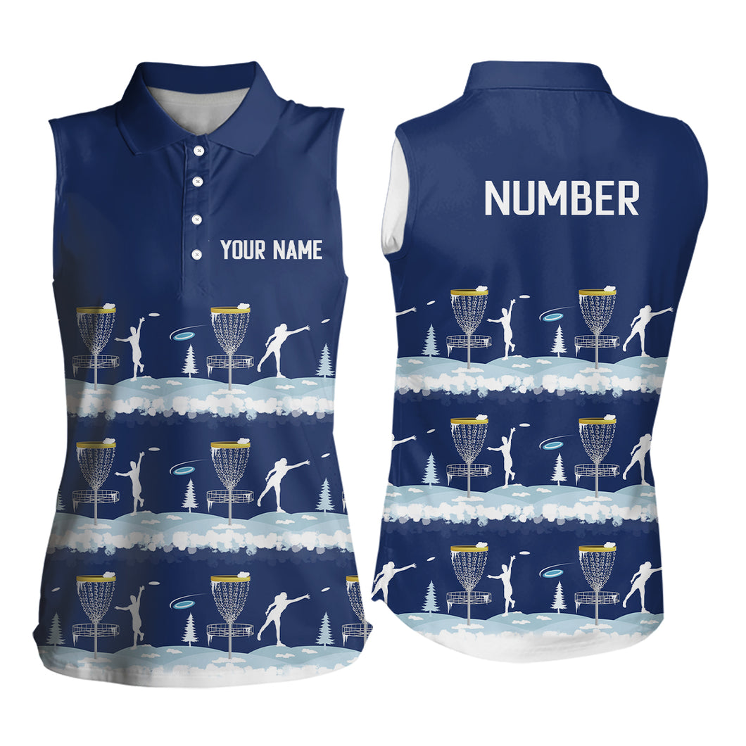 Winter Disc Golf Pattern Womens Disc Golf Sleeveless Polo Shirts Custom Name And Number Disc Golf Gifts For Woman | Dark Blue YYD0018