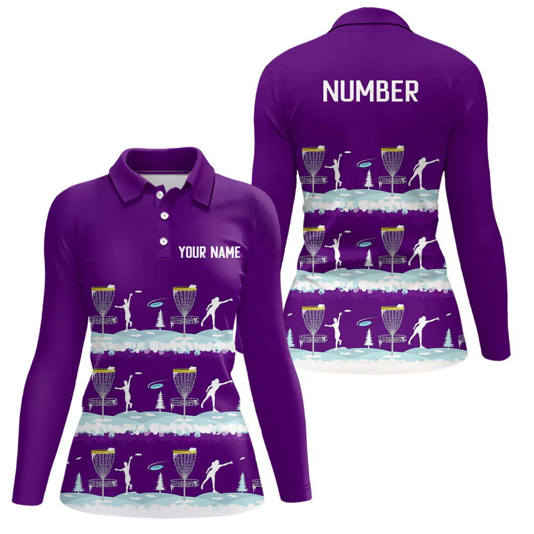 Winter Disc Golf Pattern Womans Disc Golf Polo Shirt Custom Name And Number Disc Golf Gifts For Woman | Purple YYD0019