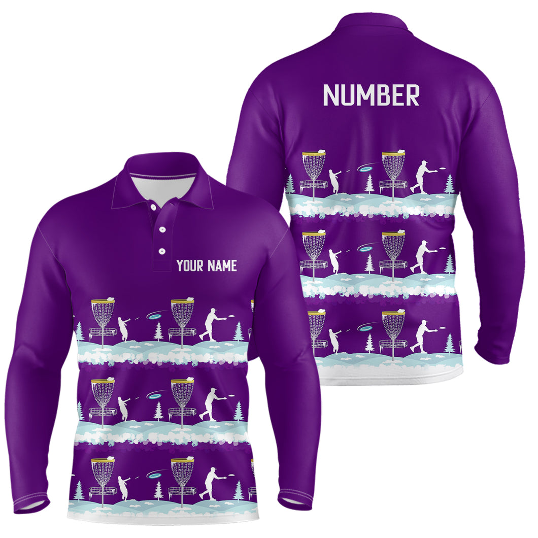 Winter Disc Golf Pattern Mens Disc Golf Polo Shirt Custom Name And Number Disc Golf Gifts For Men | Purple YYD0019