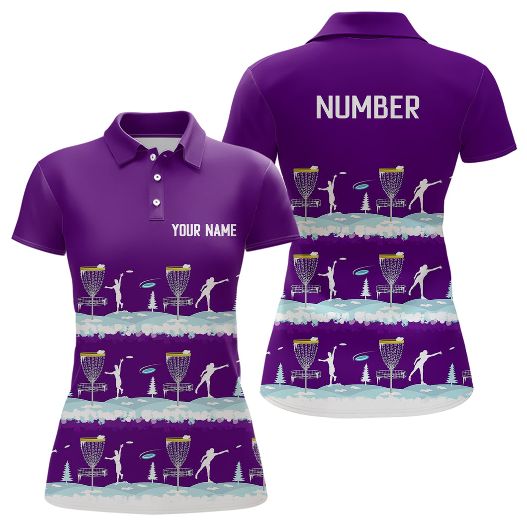 Winter Disc Golf Pattern Womans Disc Golf Polo Shirt Custom Name And Number Disc Golf Gifts For Woman | Purple YYD0019