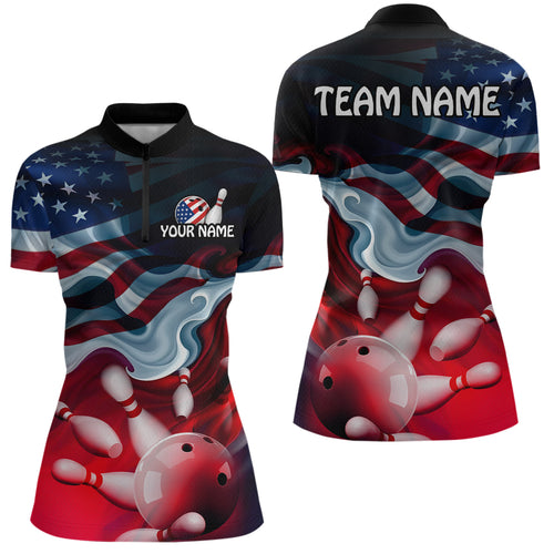 Personalized American Flag Bowling Quarter Zip Shirts For Women Custom Bowling Pattern Team Jersey 1/4 Zip Shirts YYD0021
